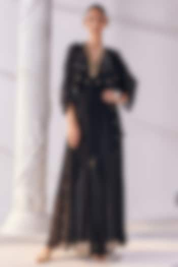 Black Chiffon & Poly Knit Embroidered Kaftan Dress by Mandira Wirk at Pernia's Pop Up Shop