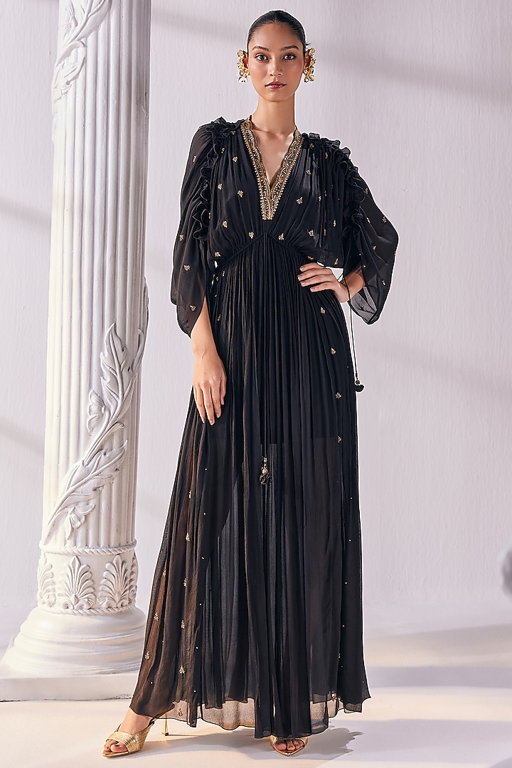 Black Chiffon & Poly Knit Embroidered Kaftan Dress by Mandira Wirk