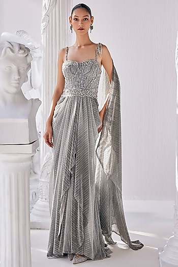 Silver Net & Metallic Ombre Crinkled Draped Reception Gown Saree by Mandira Wirk - Indian at Pernia's Pop Up Shop