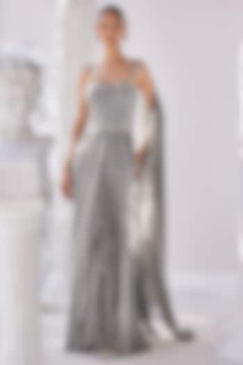 Silver Net & Metallic Ombre Crinkled Draped Gown Saree by Mandira Wirk