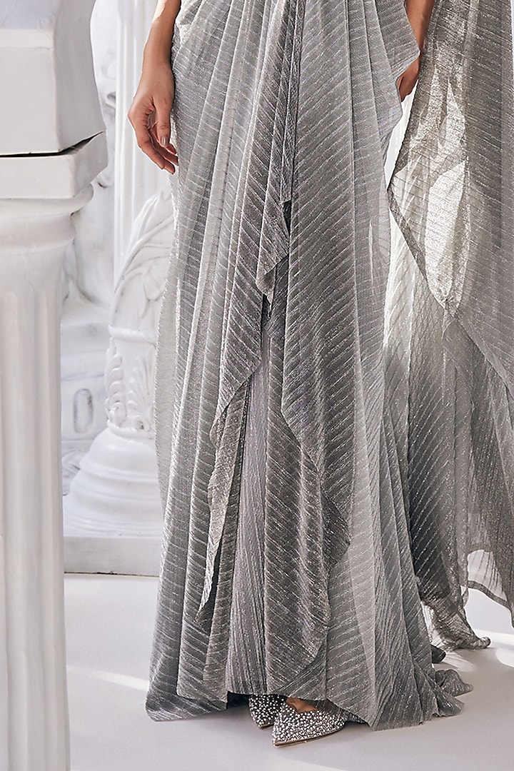 Silver Net & Metallic Ombre Crinkled Draped Reception Gown Saree by Mandira Wirk - Indian at Pernia's Pop Up Shop