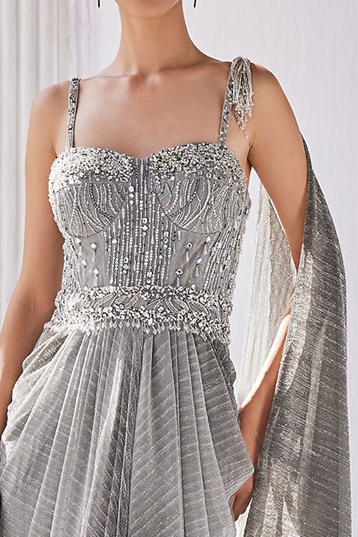 Silver Net & Metallic Ombre Crinkled Draped Reception Gown Saree by Mandira Wirk - Indian at Pernia's Pop Up Shop