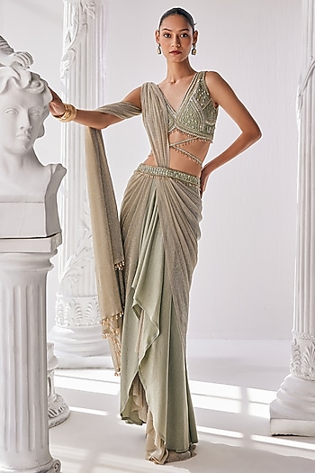Jade Green Lycra & Crinkled Fabric Draped Reception Saree Set by Mandira Wirk - Indian at Pernia's Pop Up Shop