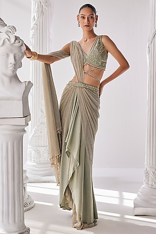 Jade Green Lycra & Crinkled Fabric Draped Saree Set by Mandira Wirk - Indian