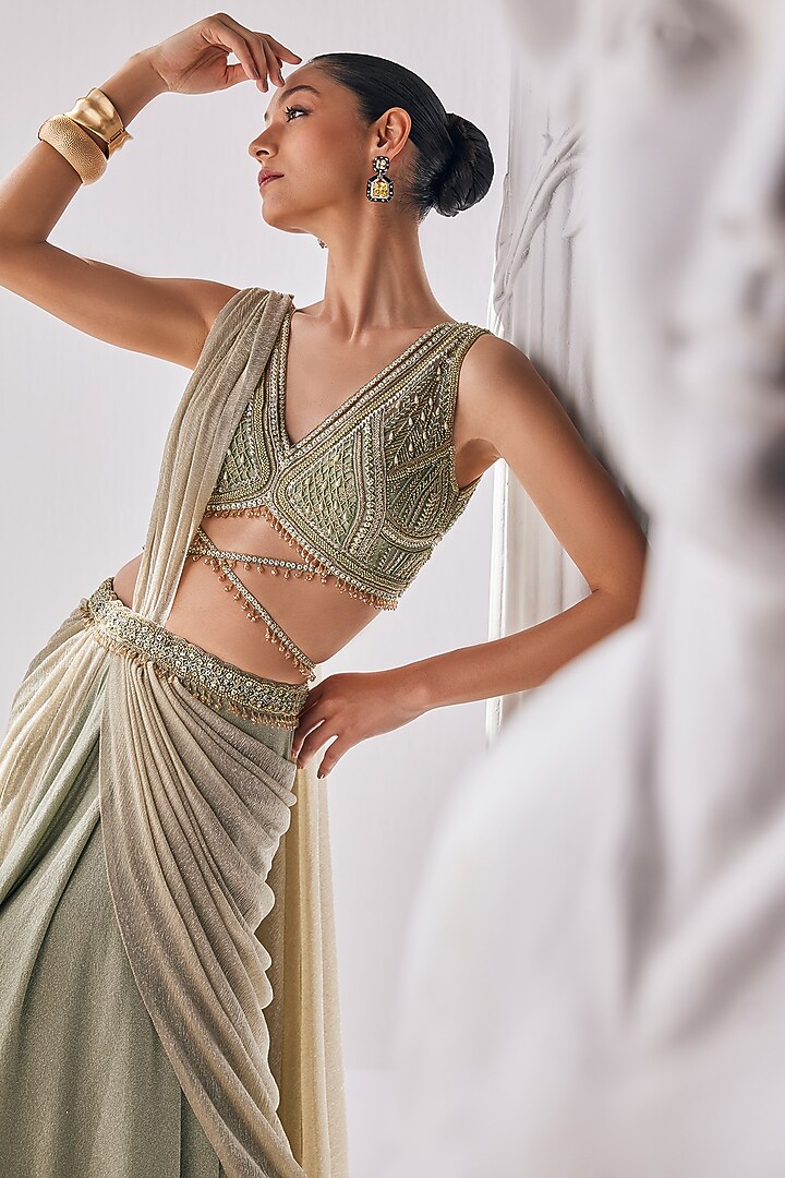 Jade Green Lycra & Crinkled Fabric Draped Reception Saree Set by Mandira Wirk - Indian at Pernia's Pop Up Shop