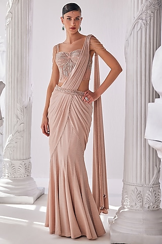 Peach Shimmer Lycra Draped Saree Set by Mandira Wirk - Indian