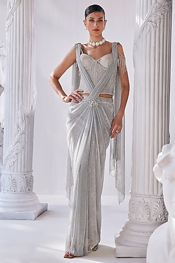 Silver Net & Crinkled Fabric Draped Reception Saree Set by Mandira Wirk - Indian at Pernia's Pop Up Shop