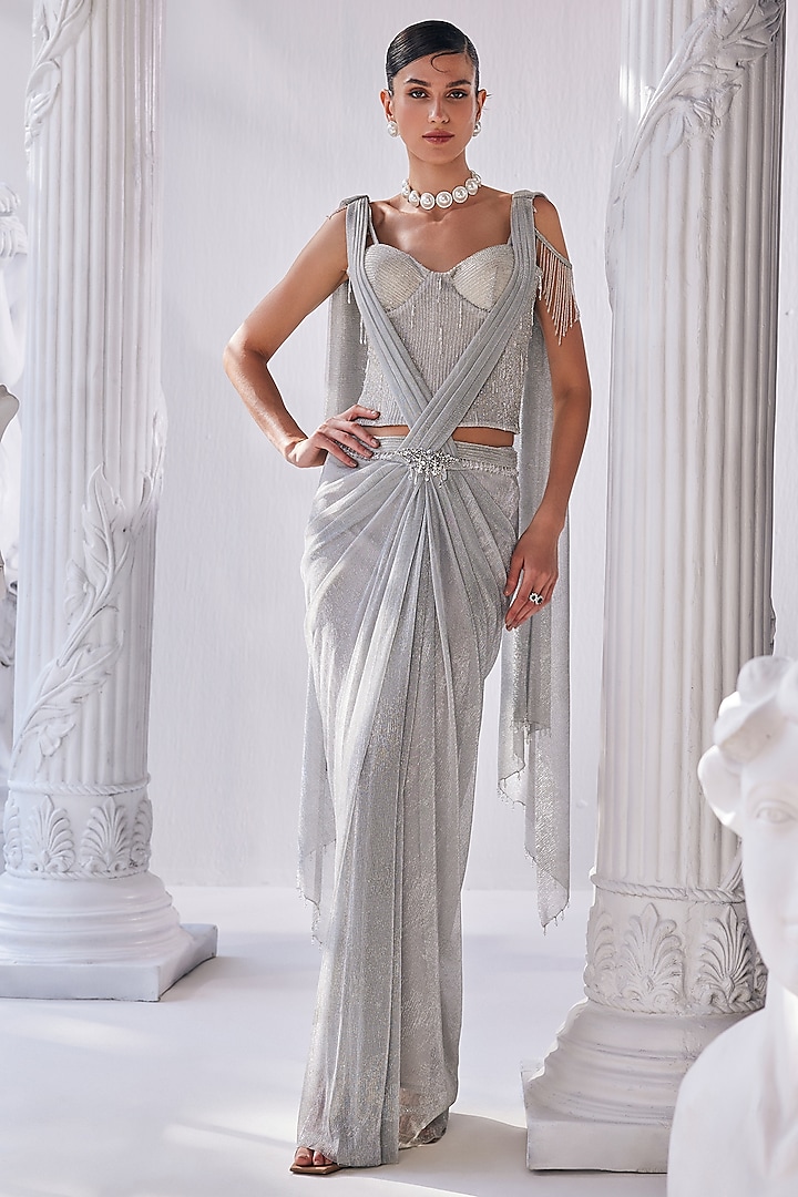 Silver Net & Crinkled Fabric Draped Saree Set by Mandira Wirk
