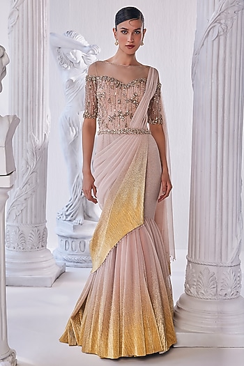 Peach & Gold Shimmer Lycra Sequins Draped Wedding Gown by Mandira Wirk - Indian at Pernia's Pop Up Shop