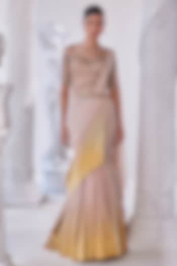 Peach & Gold Shimmer Lycra Sequins Draped Gown by Mandira Wirk