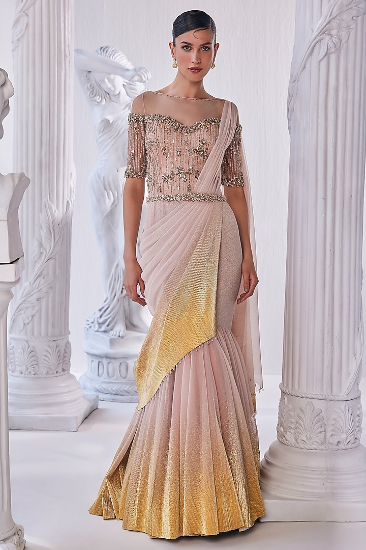 Peach & Gold Shimmer Lycra Sequins Draped Gown by Mandira Wirk