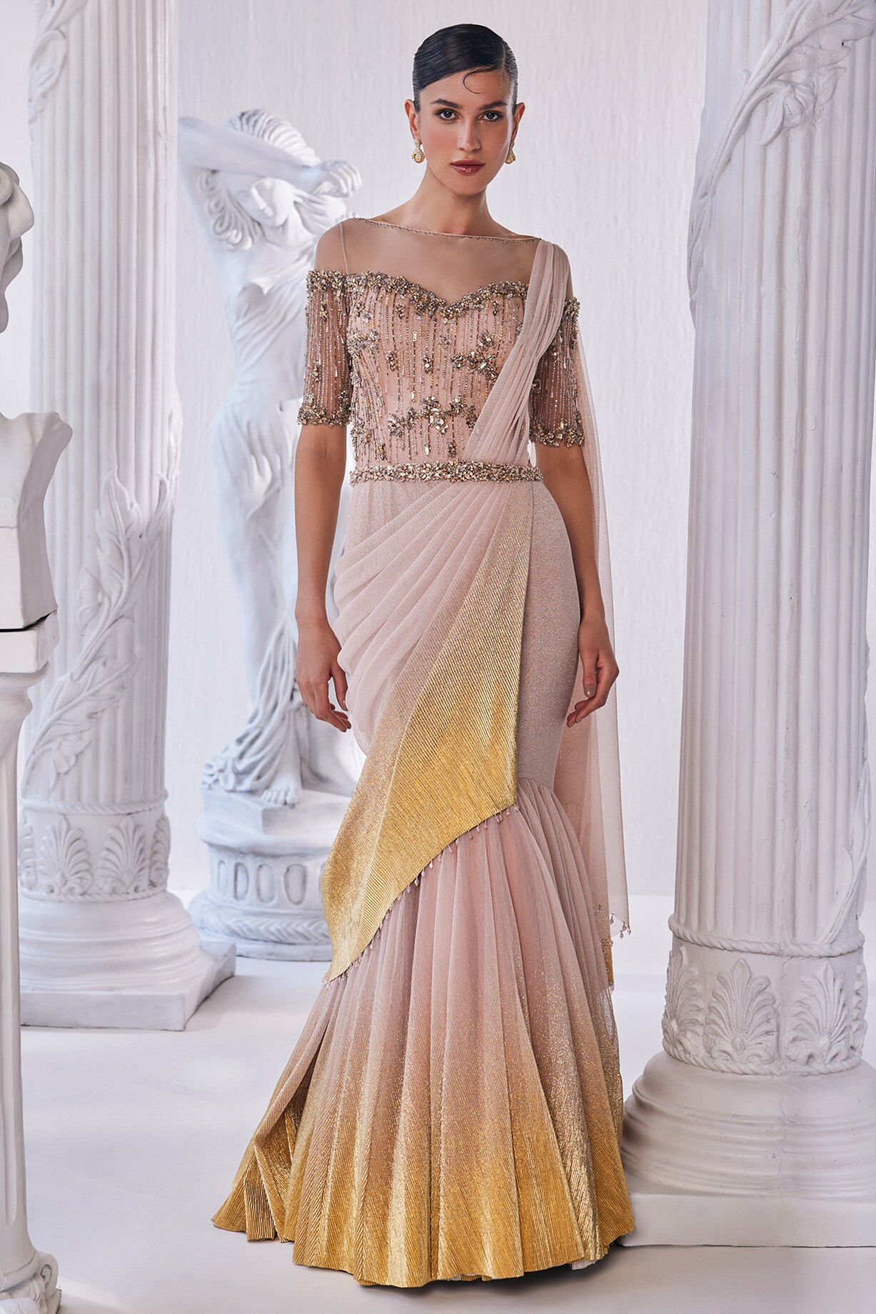 Peach & Gold Shimmer Lycra Sequins Draped Gown by Mandira Wirk at Pernia's  Pop Up Shop 2026
