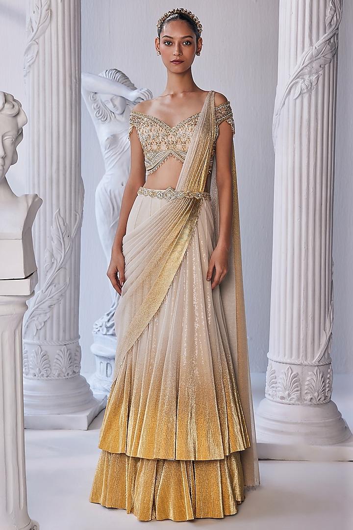 Cream & Gold Pleated Gold Foil Lycra Draped Double-Layered Bridal Lehenga Set by Mandira Wirk - Indian at Pernia's Pop Up Shop