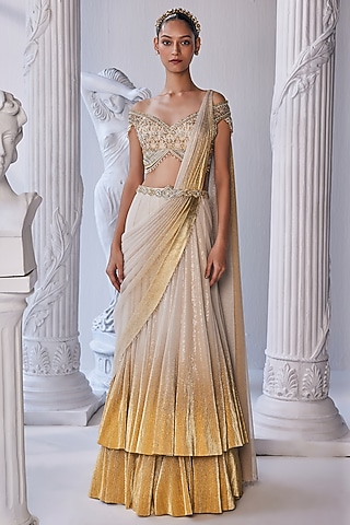Cream & Gold Pleated Gold Foil Lycra Draped Double-Layered Lehenga Set by Mandira Wirk - Indian