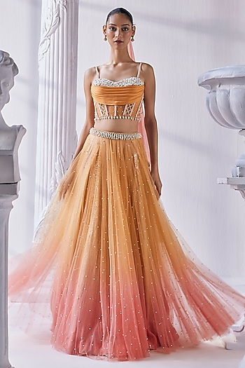 Peach & Coral Ombre Pearl Satin Georgette Bridal Lehenga Set by Mandira Wirk - Indian at Pernia's Pop Up Shop