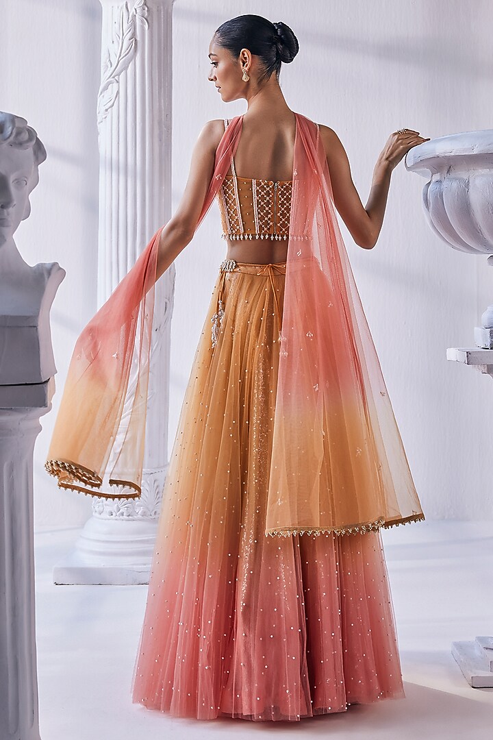 Peach & Coral Ombre Pearl Satin Georgette Bridal Lehenga Set by Mandira Wirk - Indian at Pernia's Pop Up Shop
