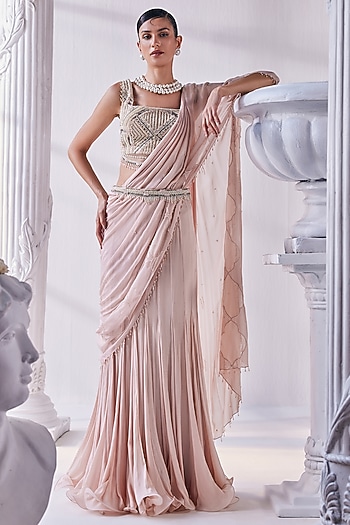 Peach Chiffon Beads Embroidered Draped Reception Saree Set by Mandira Wirk - Indian at Pernia's Pop Up Shop
