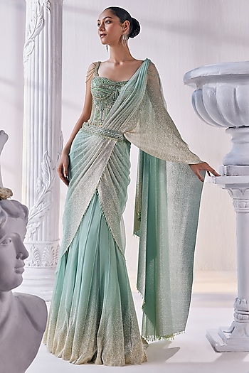 Pista & Gold Pleated Gold Foil Lycra Draped Layered Bridal Lehenga Set by Mandira Wirk - Indian at Pernia's Pop Up Shop
