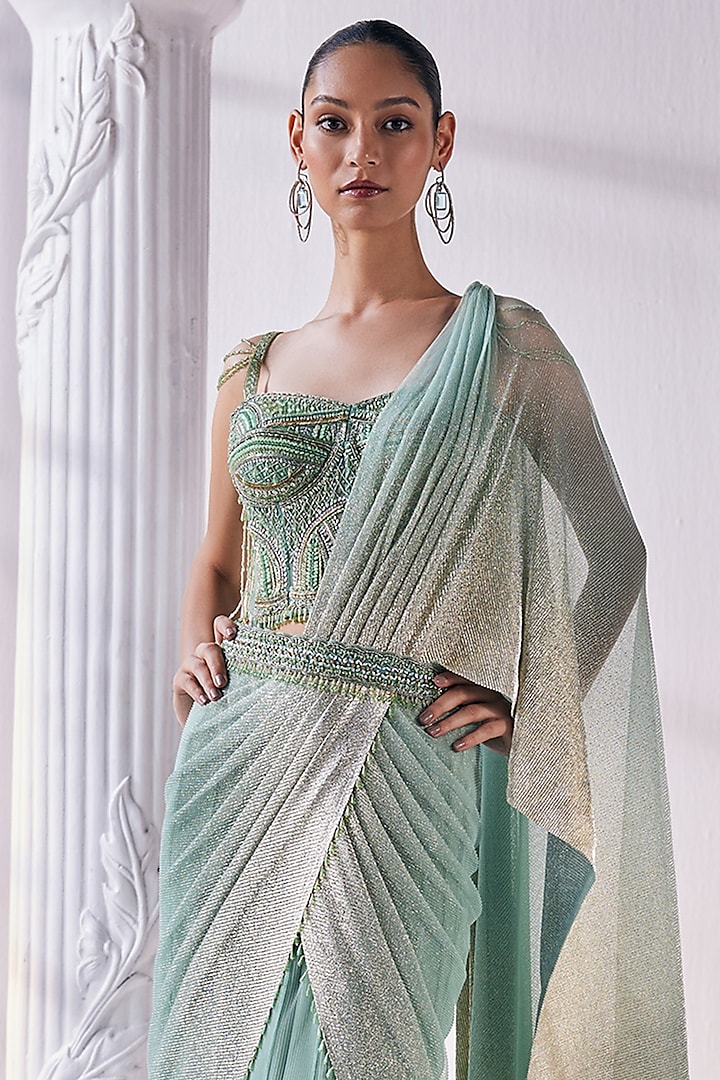 Pista & Gold Pleated Gold Foil Lycra Draped Layered Bridal Lehenga Set by Mandira Wirk - Indian at Pernia's Pop Up Shop
