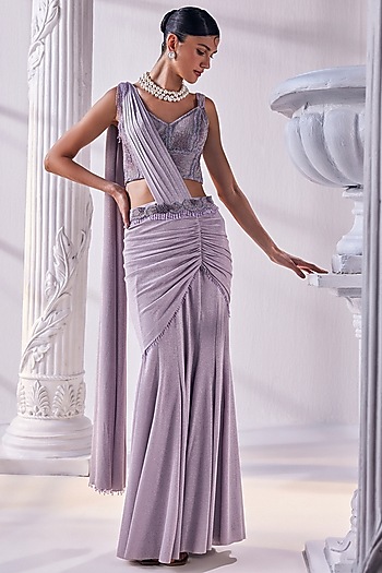 Lilac Shimmer Lycra Draped Reception Saree Set by Mandira Wirk - Indian at Pernia's Pop Up Shop