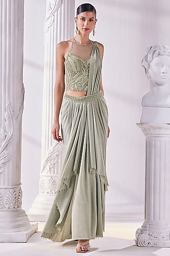Jade Green Shimmer Lycra Draped Reception Saree Set by Mandira Wirk - Indian at Pernia's Pop Up Shop