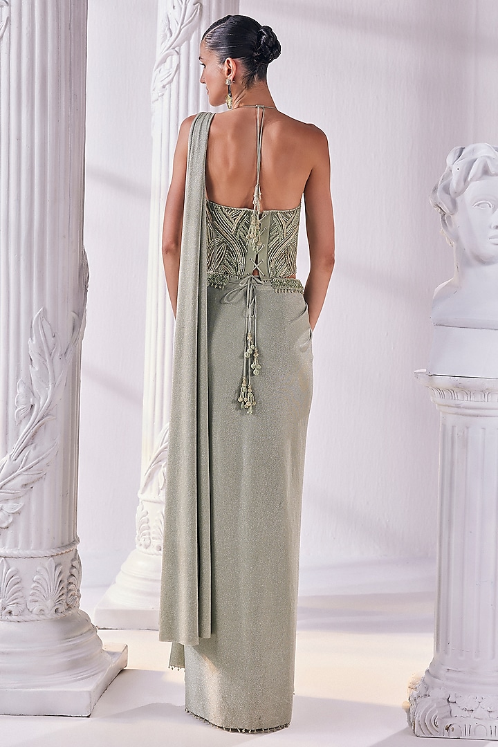 Jade Green Shimmer Lycra Draped Reception Saree Set by Mandira Wirk - Indian at Pernia's Pop Up Shop