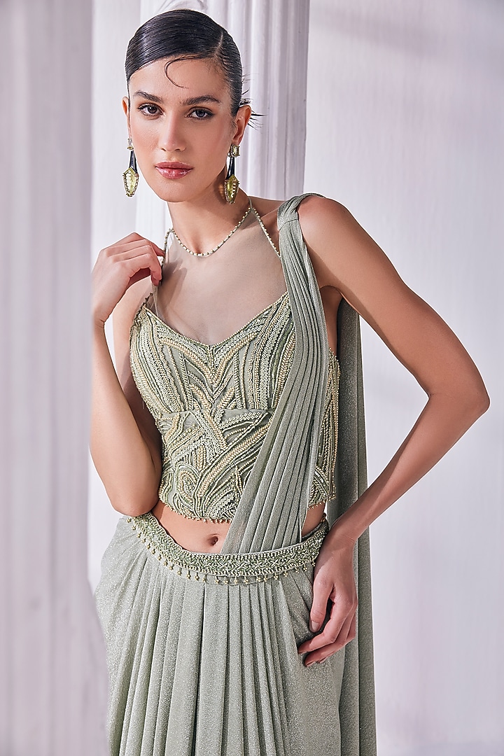 Jade Green Shimmer Lycra Draped Reception Saree Set by Mandira Wirk - Indian at Pernia's Pop Up Shop