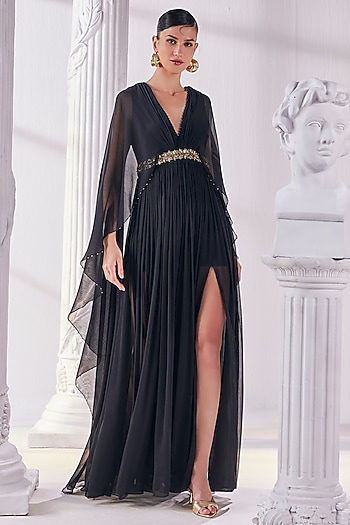 Black Chiffon & Poly Knit Embroidered Kaftan Engagement Gown by Mandira Wirk - Indian at Pernia's Pop Up Shop