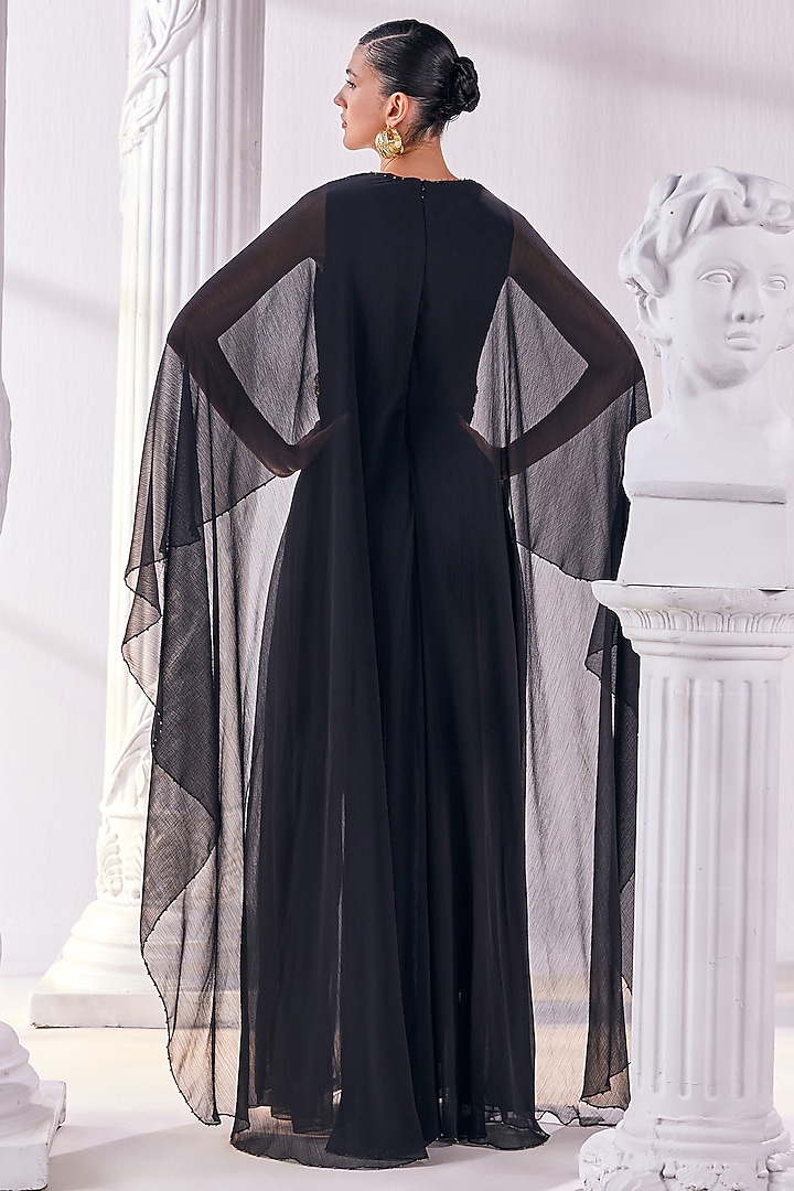 Black Chiffon & Poly Knit Embroidered Kaftan Engagement Gown by Mandira Wirk - Indian at Pernia's Pop Up Shop