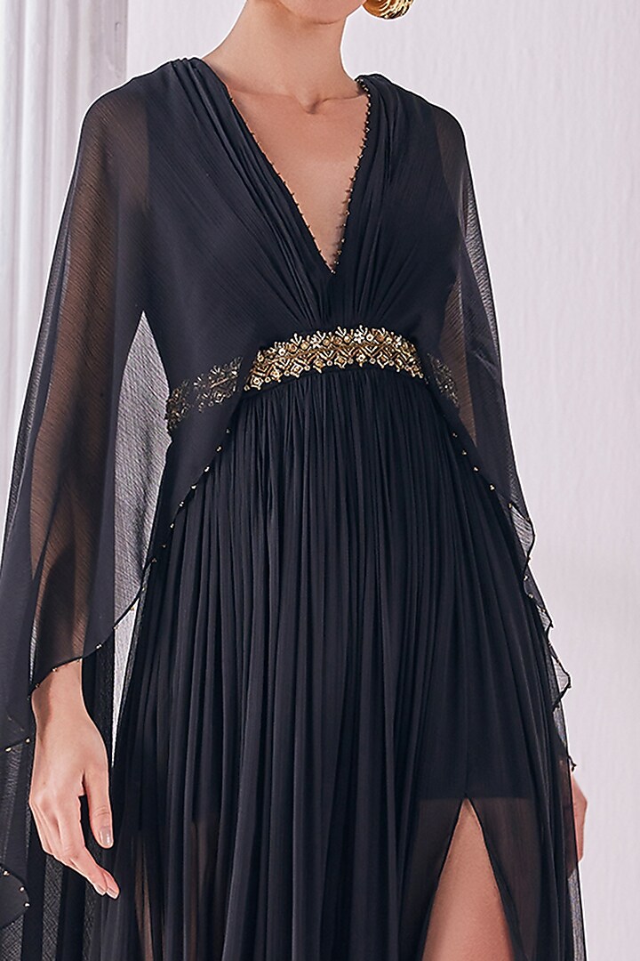 Black Chiffon & Poly Knit Embroidered Kaftan Engagement Gown by Mandira Wirk - Indian at Pernia's Pop Up Shop