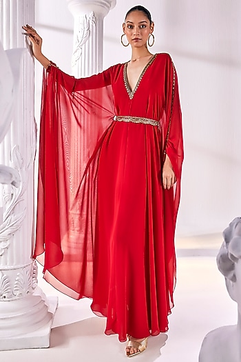 Red Royal Georgette Layered Kaftan With Belt by Mandira Wirk - Indian at Pernia's Pop Up Shop