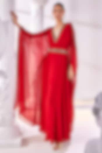 Red Royal Georgette Layered Kaftan With Belt by Mandira Wirk