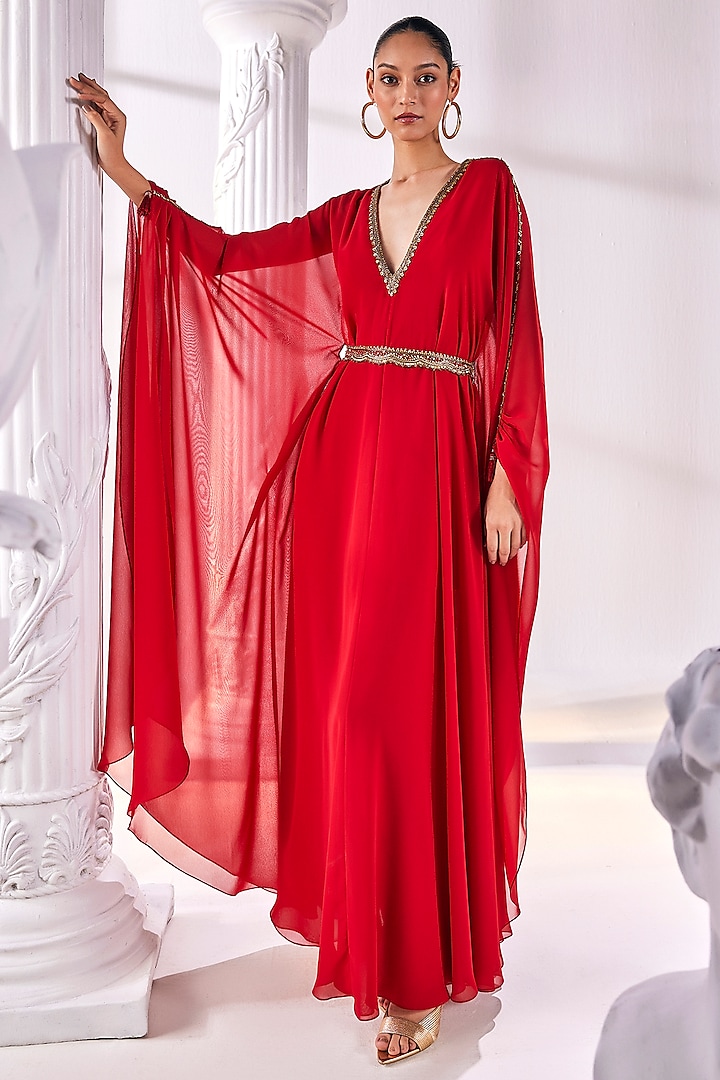 Red Royal Georgette Layered Kaftan With Belt by Mandira Wirk