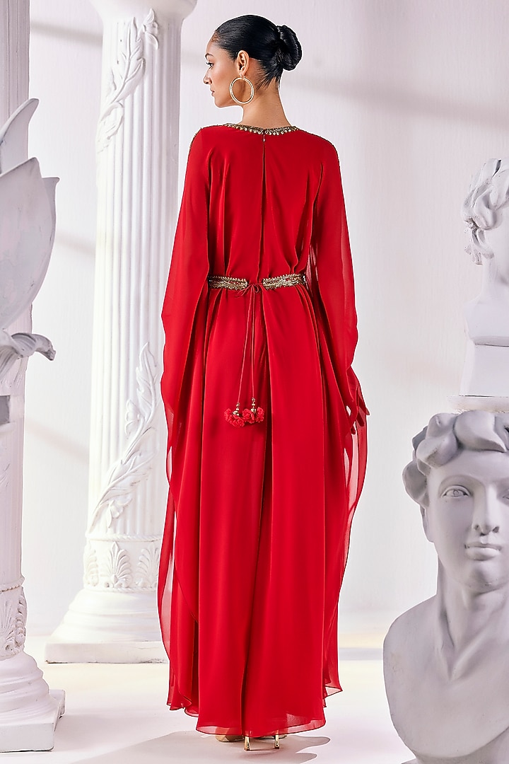Red Royal Georgette Layered Kaftan With Belt by Mandira Wirk - Indian at Pernia's Pop Up Shop