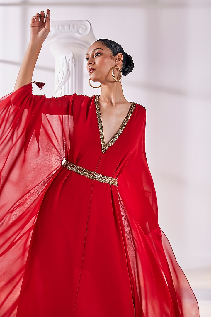 Red Royal Georgette Layered Kaftan With Belt by Mandira Wirk - Indian at Pernia's Pop Up Shop