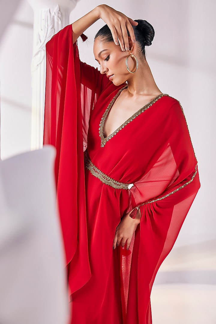 Red Royal Georgette Layered Kaftan With Belt by Mandira Wirk - Indian at Pernia's Pop Up Shop