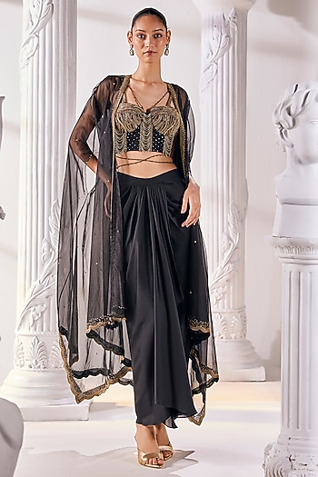 Black Satin Georgette Draped Skirt Set by Mandira Wirk - Indian at Pernia's Pop Up Shop