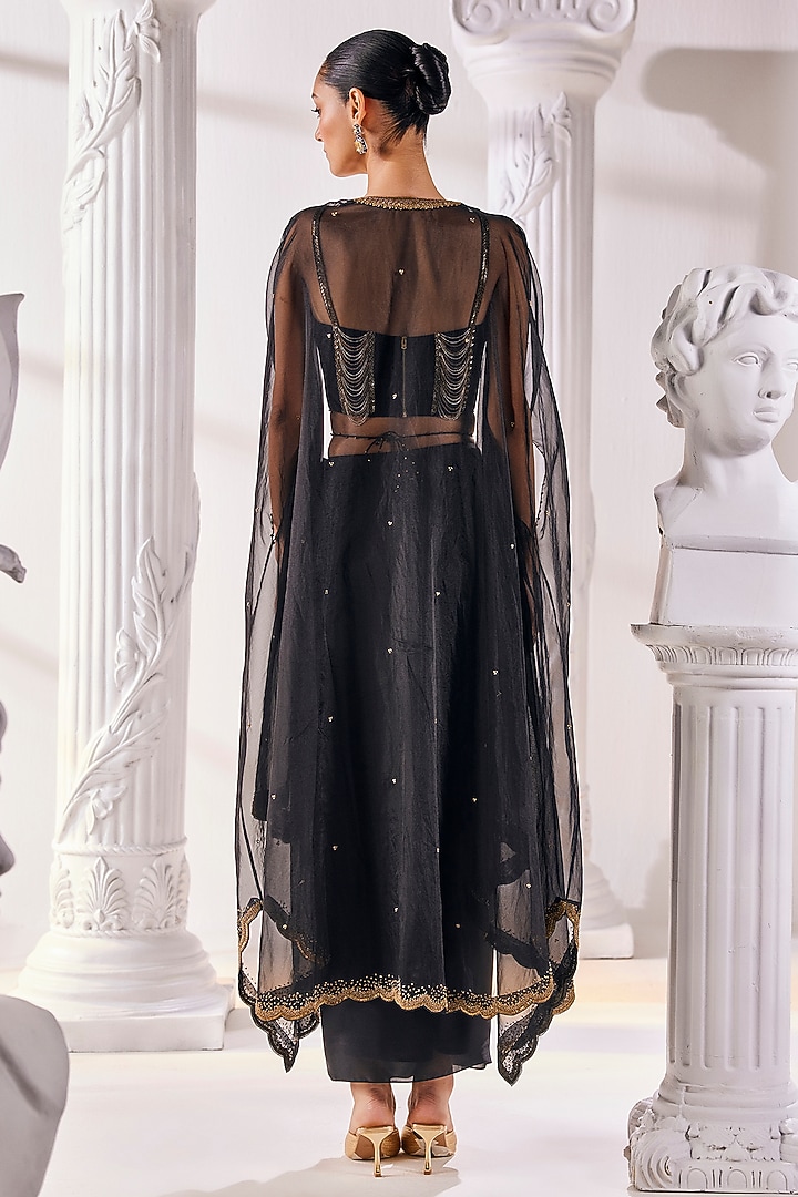 Black Satin Georgette Draped Skirt Set by Mandira Wirk - Indian at Pernia's Pop Up Shop