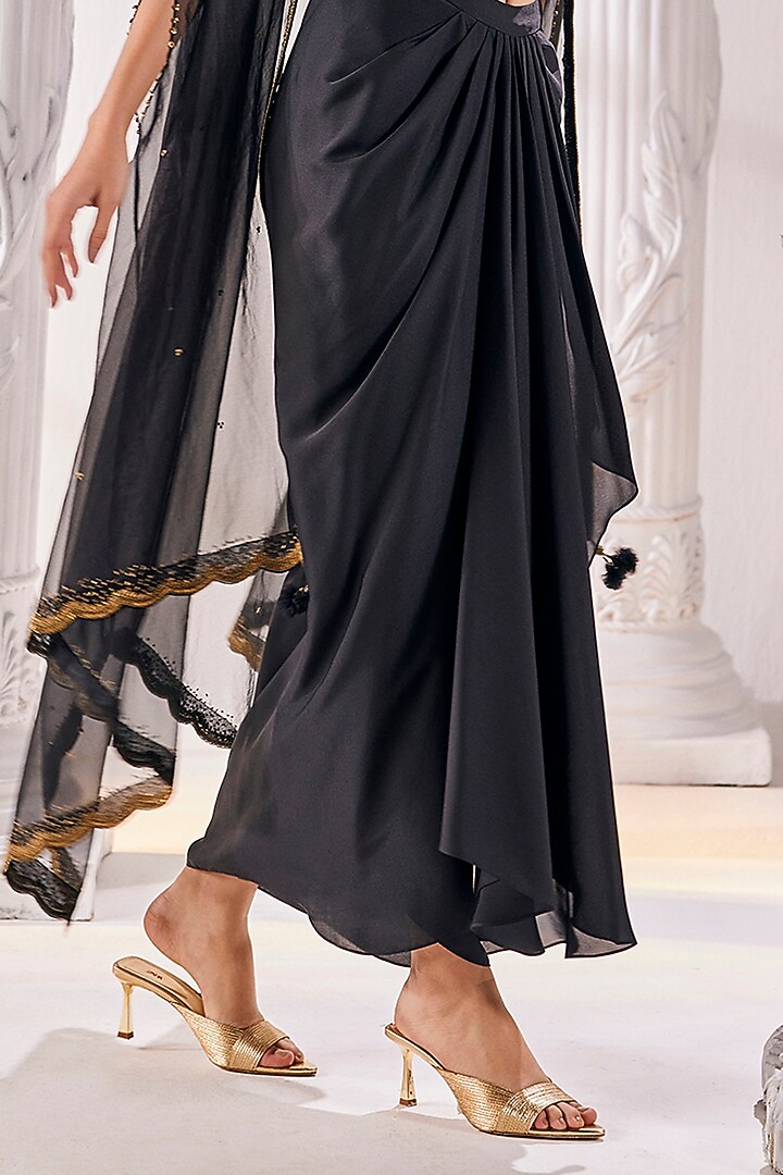 Black Satin Georgette Draped Skirt Set by Mandira Wirk - Indian at Pernia's Pop Up Shop