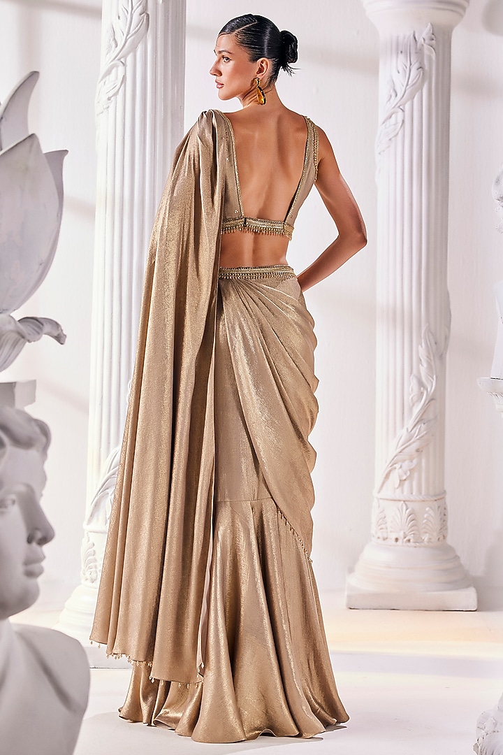 Antique Gold Metallic Draped Reception Saree Set by Mandira Wirk - Indian at Pernia's Pop Up Shop
