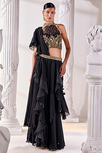 Black Net & Chiffon Draped Reception Saree Set by Mandira Wirk - Indian at Pernia's Pop Up Shop
