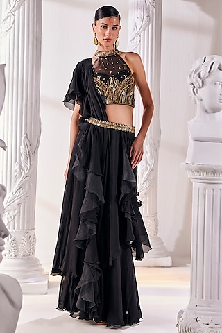 Buy Party Wear Black Net Saree for Women Online from India's