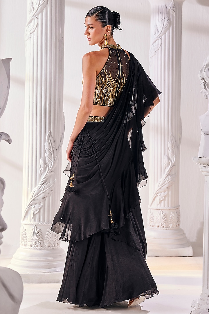 Black Net & Chiffon Draped Reception Saree Set by Mandira Wirk - Indian at Pernia's Pop Up Shop