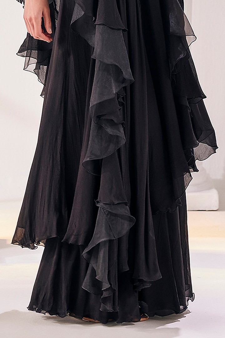 Black Net & Chiffon Draped Reception Saree Set by Mandira Wirk - Indian at Pernia's Pop Up Shop