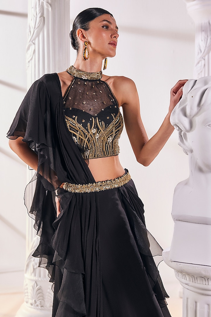 Black Net & Chiffon Draped Reception Saree Set by Mandira Wirk - Indian at Pernia's Pop Up Shop