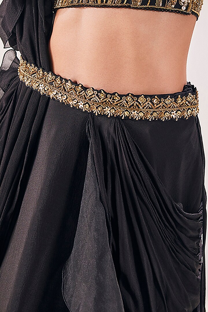 Black Net & Chiffon Draped Reception Saree Set by Mandira Wirk - Indian at Pernia's Pop Up Shop