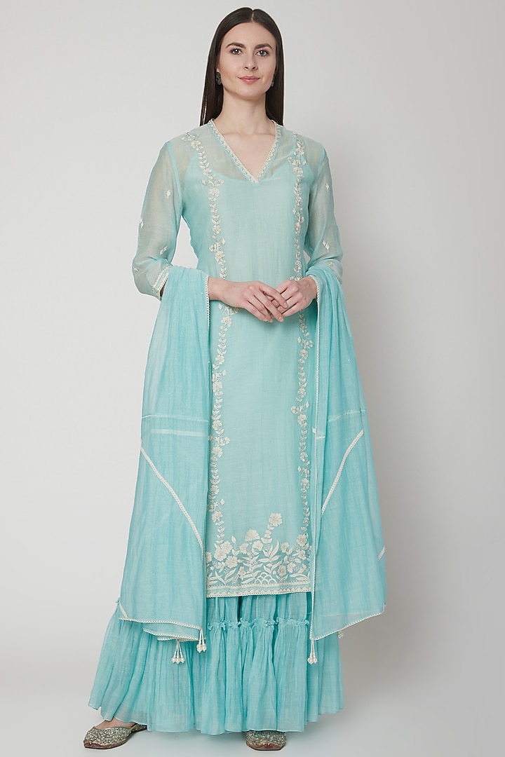 Aqua Blue Embroidered Wedding Sharara Set by Mandira Wirk - Indian at Pernia's Pop Up Shop
