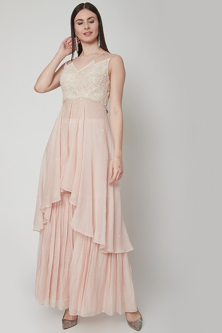 Soft Peach Embroidered Kurta With Wedding Sharara Pants by Mandira Wirk - Indian at Pernia's Pop Up Shop