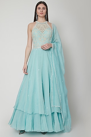 Aqua Blue Embroidered Anarkali Set by Mandira Wirk - Indian