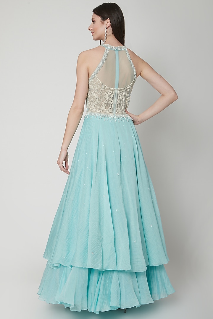 Pernia's Pop Up Shop - Mandira Wirk - Indian Women Aqua Blue Embroidered Anarkali Set Pernia's Pop Up Shop - Mandira Wirk - Indian Women Aqua Blue Embroidered Anarkali Set